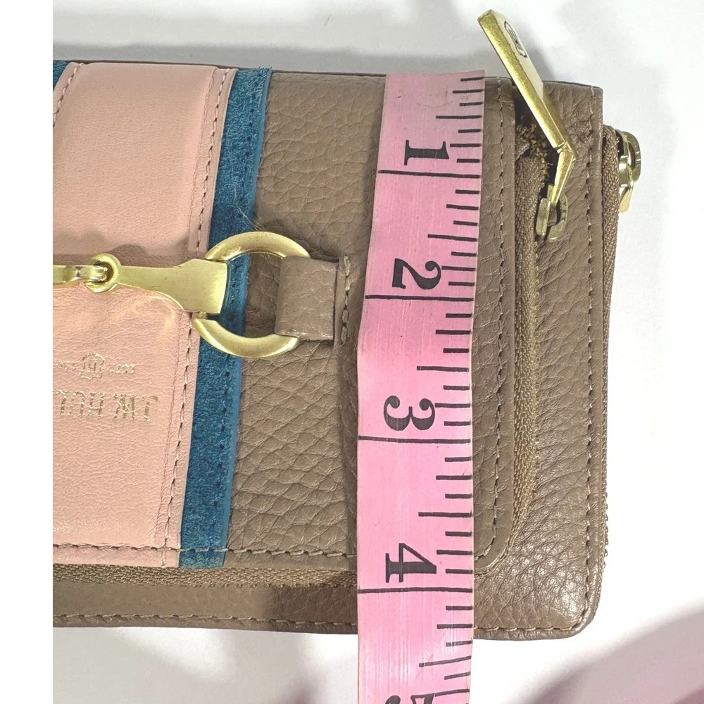 J.W. Hulme Co. Brown Pebbled Leather Horsebit Zip Around Wallet Pink Blue Stripe
